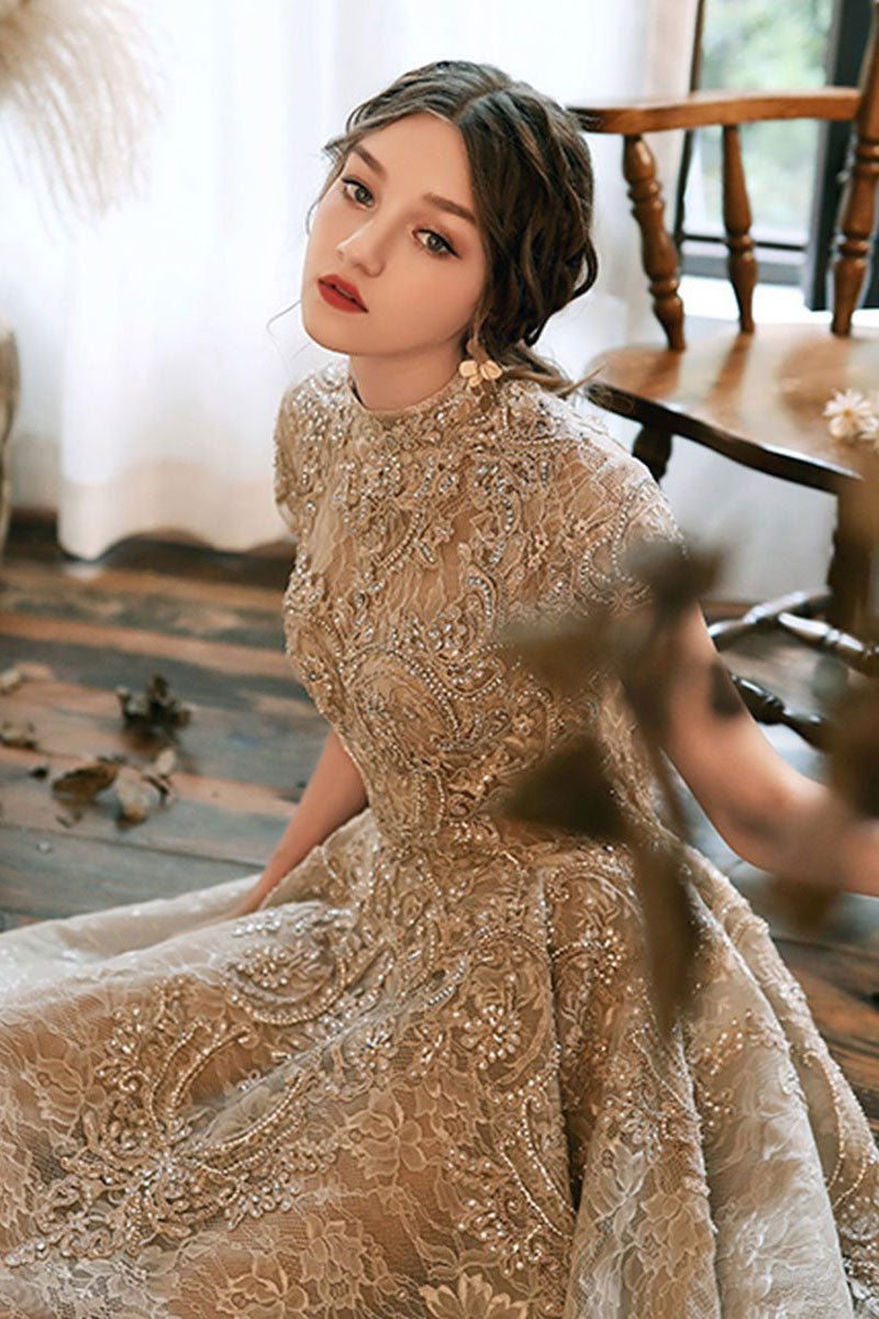 Unique high neck lace long prom dress lace formal dress