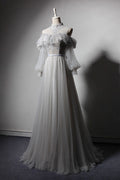 Gray tulle lace long prom dress, gray tulle evening dress
