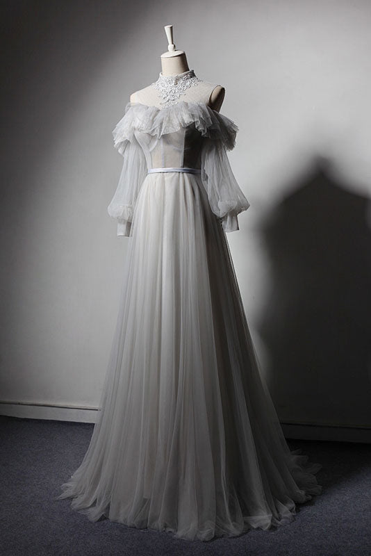 Gray tulle lace long prom dress, gray tulle evening dress