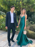 Simple stain v neck mermaid green long prom dress, green evening dress