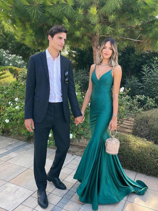 Simple stain v neck mermaid green long prom dress, green evening dress