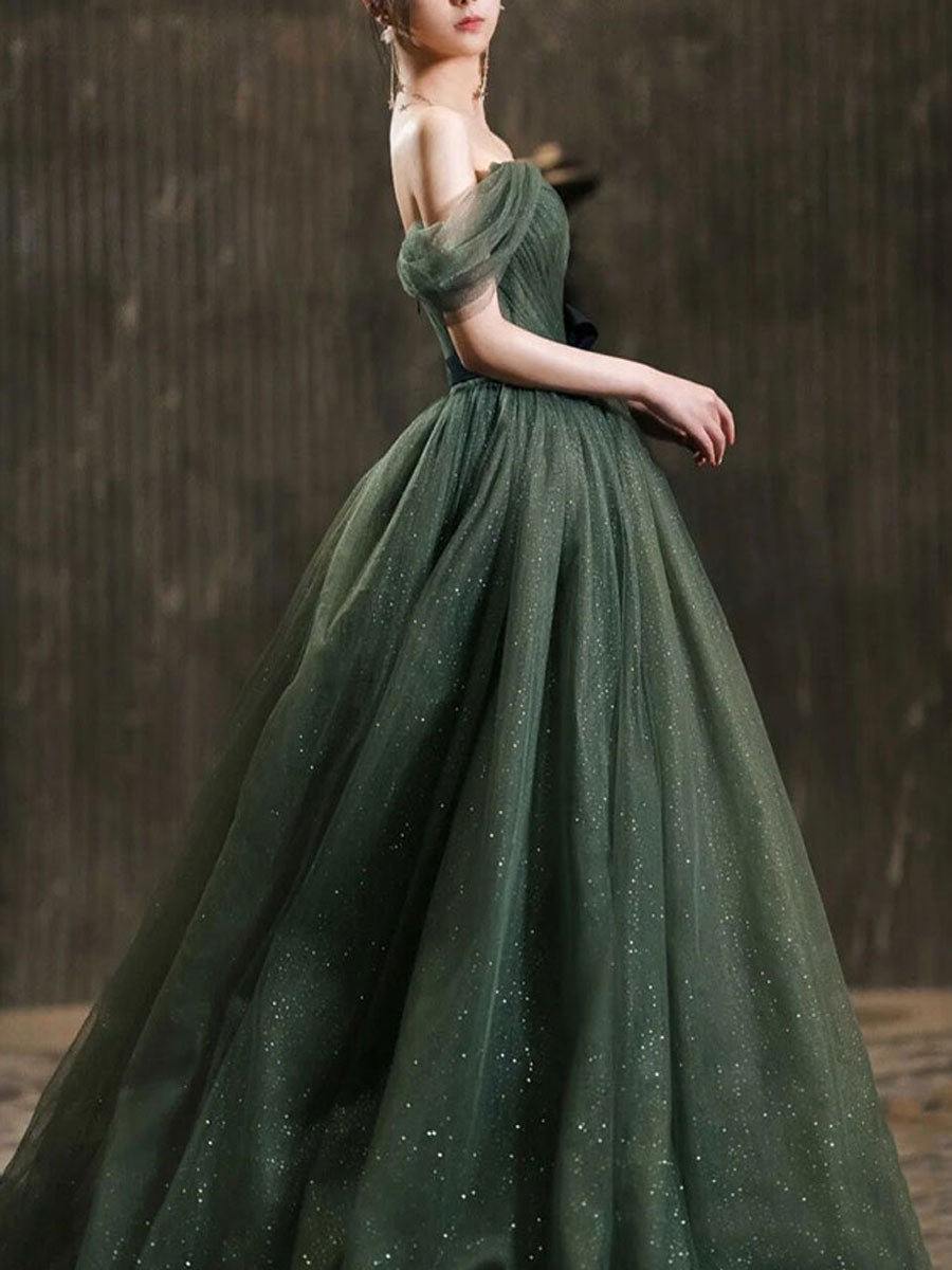 Simple green A line tulle off shoulder long prom dress, green evening dress