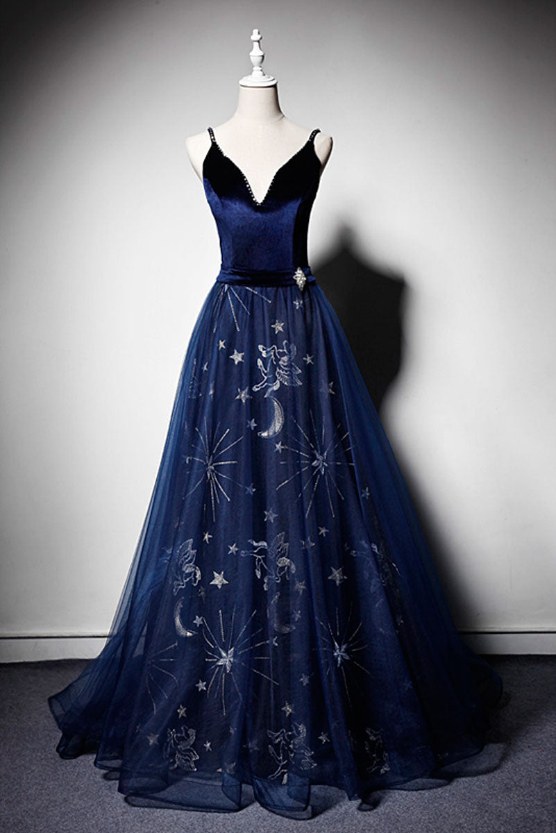 Blue v neck tulle long prom dress, blue tulle evening dress