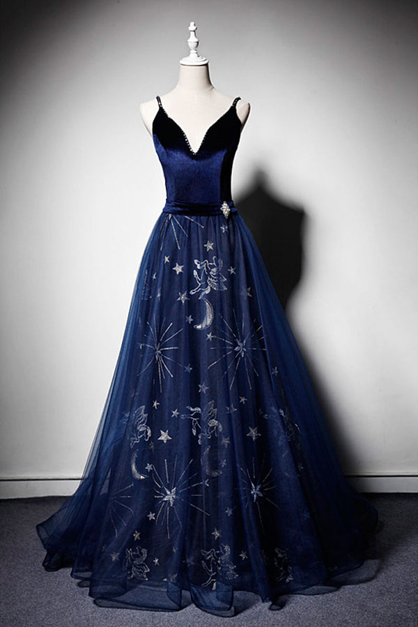 Blue v neck tulle long prom dress, blue tulle evening dress
