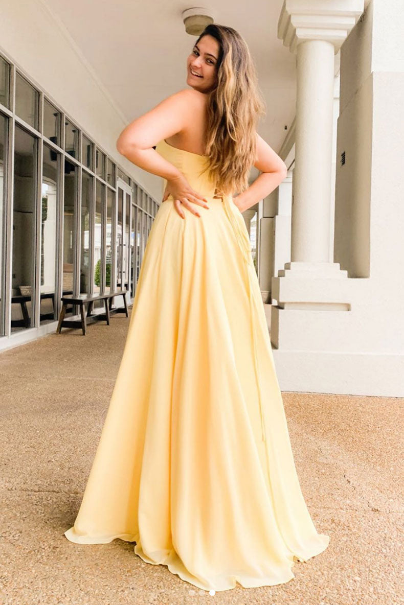 Simple yellow satin long prom dress yellow formal dress