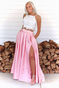 Pink two pieces lace long prom dress pink formal dress