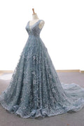 Gray blue tulle lace long prom dress, blue evening dress