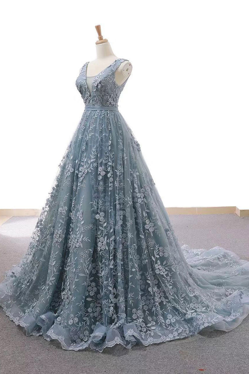 Gray blue tulle lace long prom dress, blue evening dress