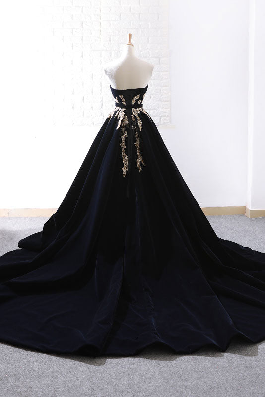Black lace applique long prom dress, black evening dress