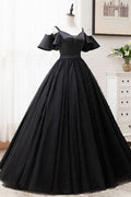 Black tulle lace long prom dress black lace evening dress
