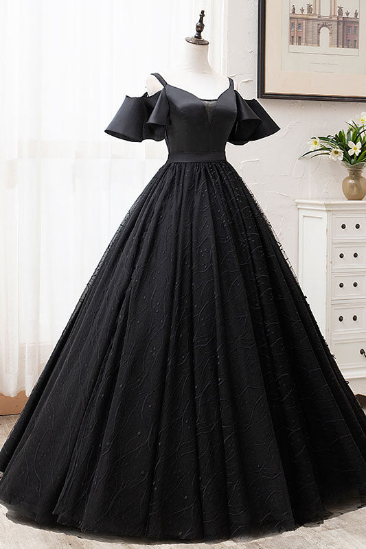Black tulle lace long prom dress black lace evening dress