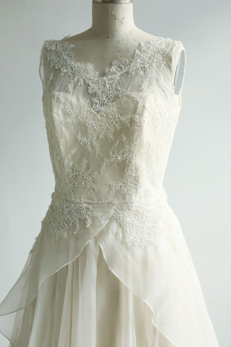 ivory round neck lace chiffon long prom dress, lace wedding dress