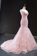 Pink sweetheart tulle mermaid long prom dress pink evening dress
