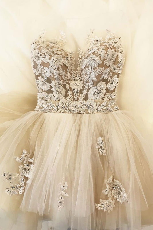 Champagne tulle lace long prom dress, tulle lace evening dress