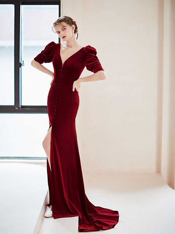 Burgundy V neck Velvet Long Prom Dress, Burgundy Formal Evening Dress