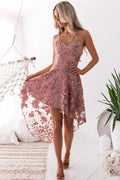 Pink v neck tulle lace high low prom dress lace bridesmaid dress