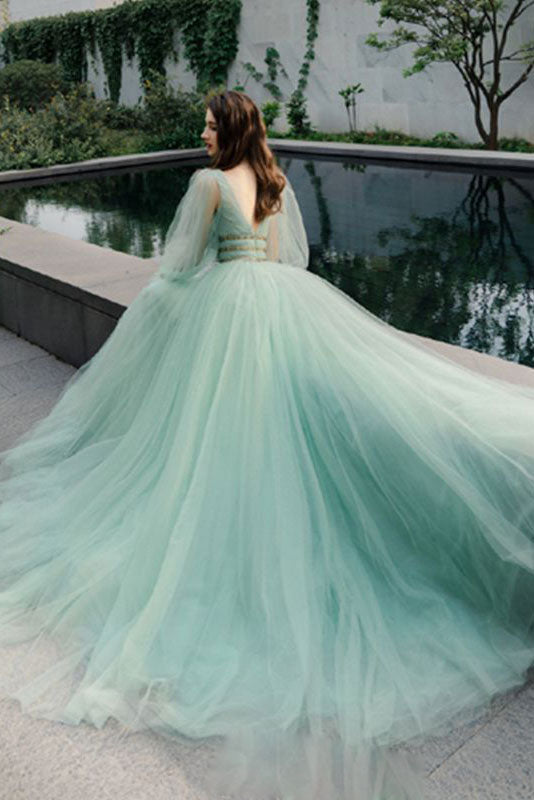 Green v neck tulle long prom dress green evening dress