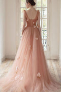 Pink tulle long prom dress, pink tulle evening dress