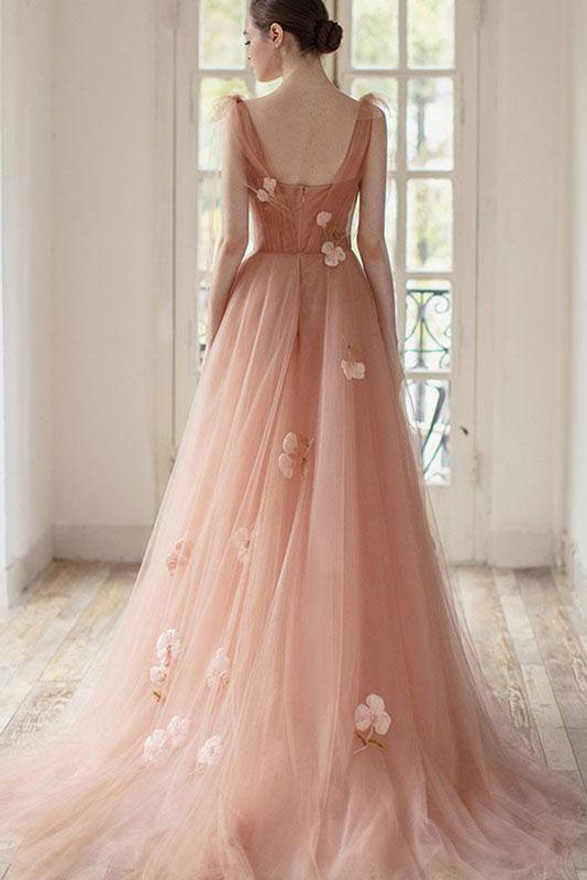 Pink tulle long prom dress, pink tulle evening dress
