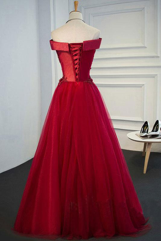 Burgundy off shoulder lace long prom dress burgundy evening dress