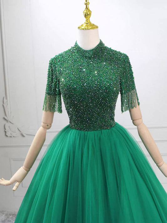 A-Line Tulle Beads Green Long Prom Dress, Green Long Evening Dress