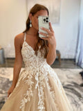 Champagne v neck tulle lace long prom dress champagne evening dress