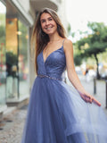 Blue v neck tulle long prom dress, blue tulle evening dress