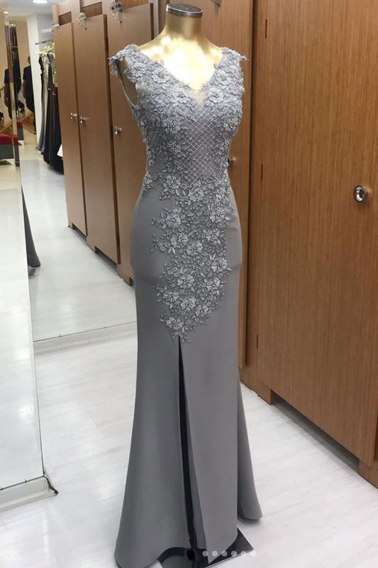 Gray v neck chiffon lace long prom dress. gray evening dress