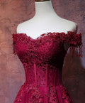 Burgundy off shoulder lace long prom dress burgundy evening dress