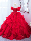 Red Sweetheart Neck Sequin Organza Long Prom Gown, Red Long Evening Dress