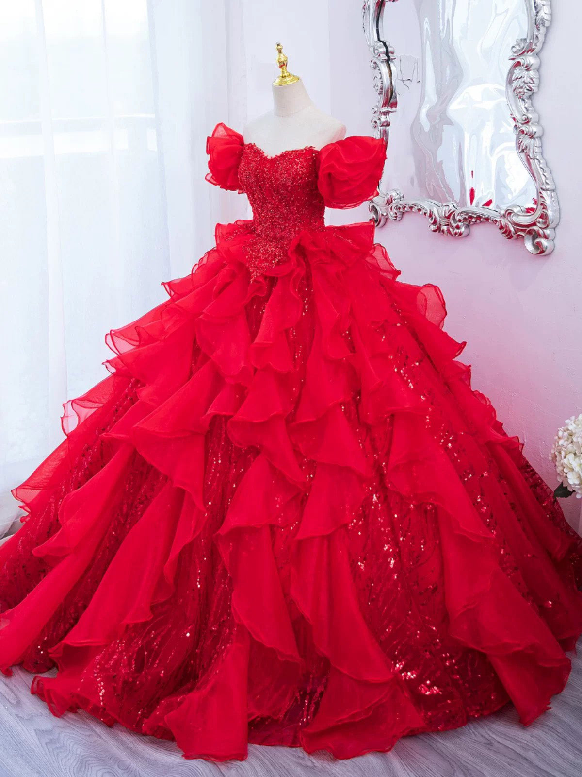 Red Sweetheart Neck Sequin Organza Long Prom Gown, Red Long Evening Dress