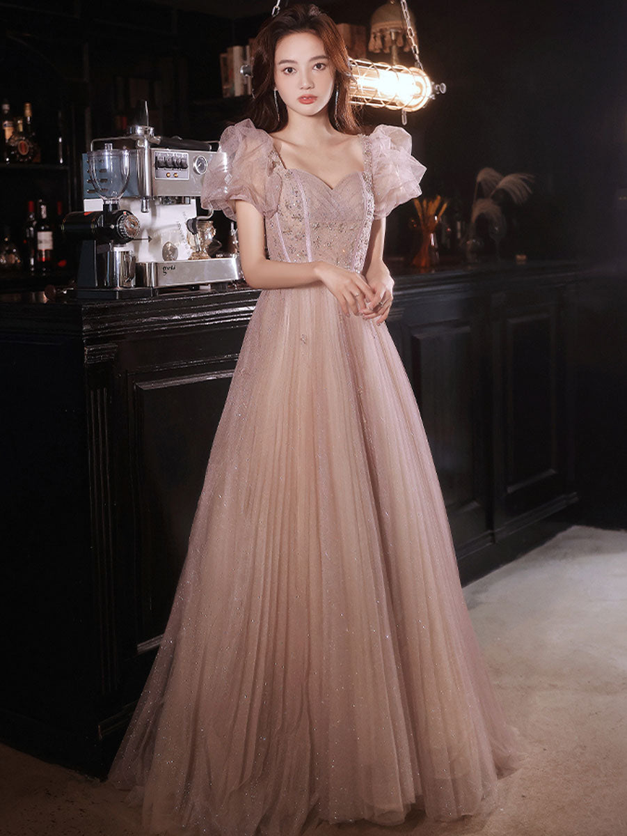Flesh pink tulle long prom dress, tulle pink evening dress