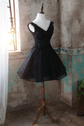 Black v neck tulle lace short prom dress black homecoming dress