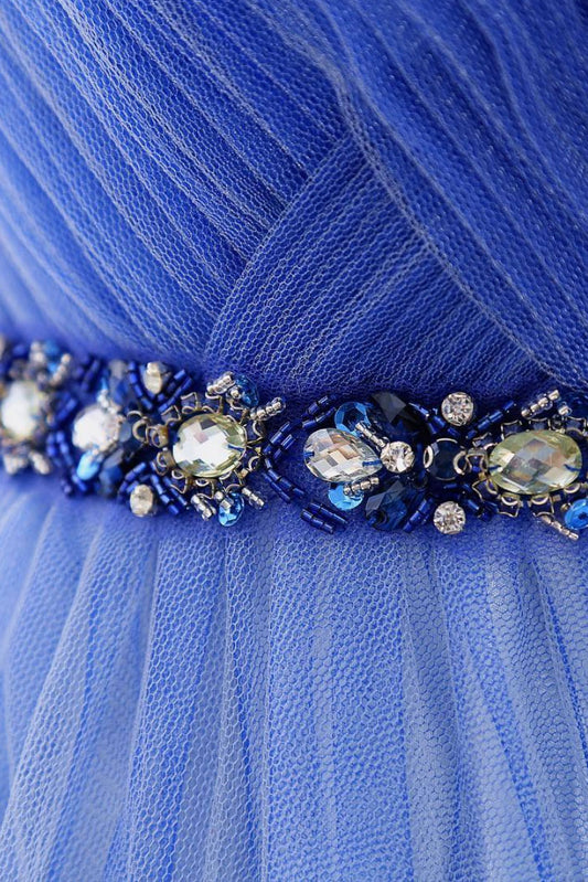 Blue tulle long prom dress, blue tulle evening dress