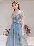 Blue tulle off shoulder long prom dress, blue tulle evening dress