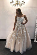 Champagne tulle lace long prom dress lace long evening dress