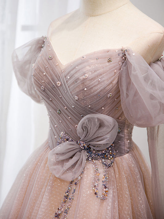 Pink tulle off shoulder long prom dress, pink tulle formal dress