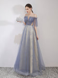 A-Line Tulle Blue Long Prom Dresses, Sequin Long Graduation Dress