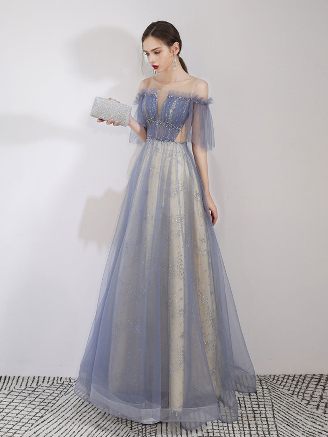 A-Line Tulle Blue Long Prom Dresses, Sequin Long Graduation Dress