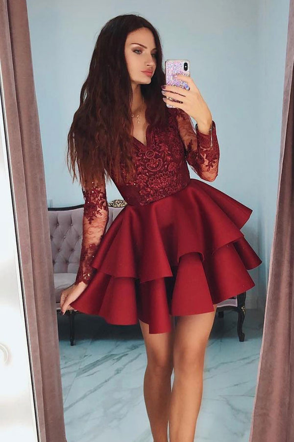 Burgundy v neck lace short prom dress, burgundy homecoming dress