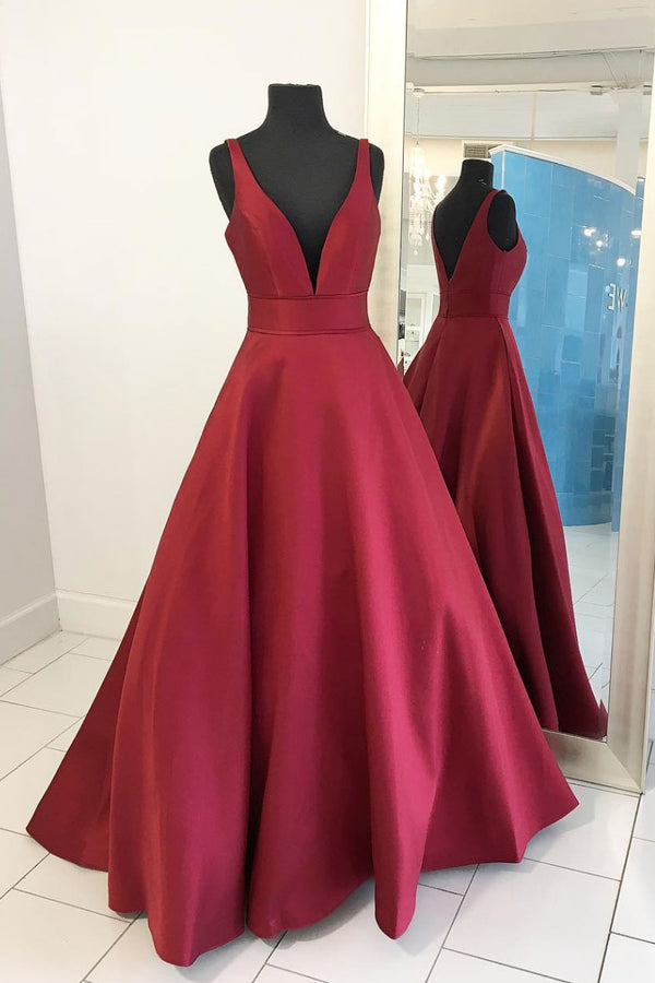Simple v neck satin long prom dress, red evening dress