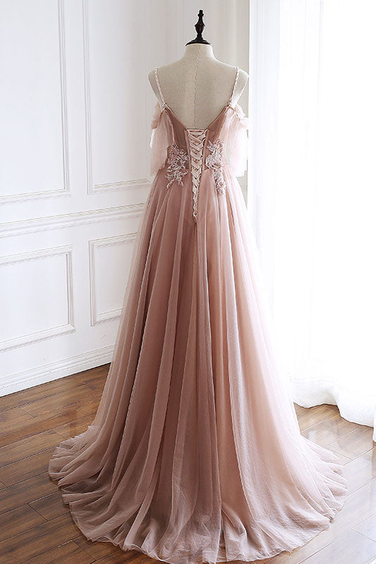 Unique pink tulle lace long prom dress, pink evening dress