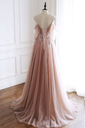 Unique pink tulle lace long prom dress, pink evening dress