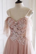 Unique pink tulle lace long prom dress, pink evening dress