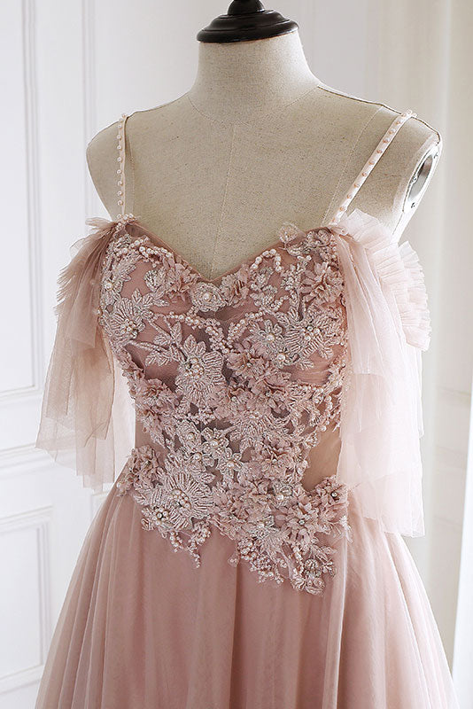 Unique pink tulle lace long prom dress, pink evening dress
