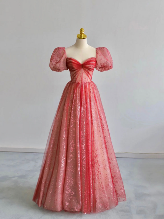 Unique sweetheart neck tulle long prom dress puff sleeves long formal dress