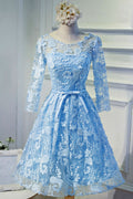 Blue round neck lace short prom dress, blue homecoming dress