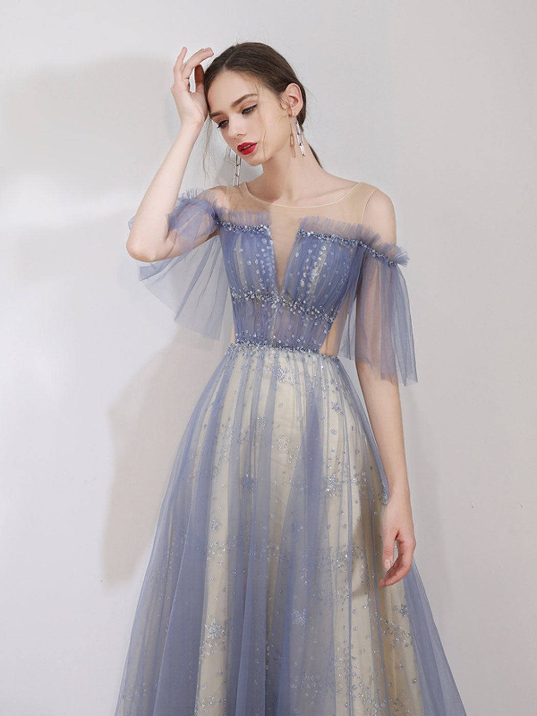 A-Line Tulle Blue Long Prom Dresses, Sequin Long Graduation Dress