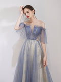 A-Line Tulle Blue Long Prom Dresses, Sequin Long Graduation Dress