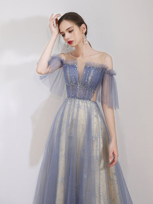 A-Line Tulle Blue Long Prom Dresses, Sequin Long Graduation Dress